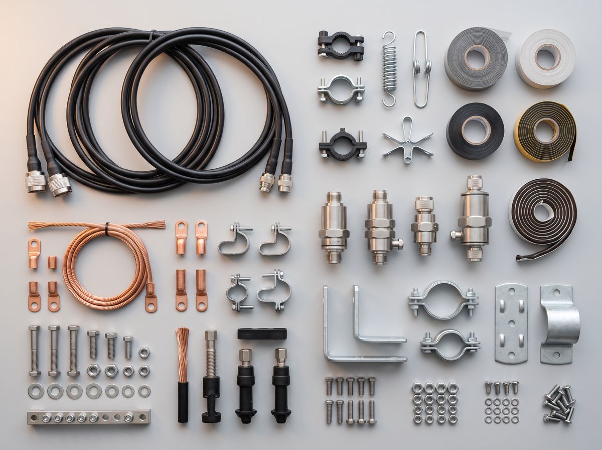 Telecom site accessories: RF jumpers, connectors, grounding kits, clamps and brackets
