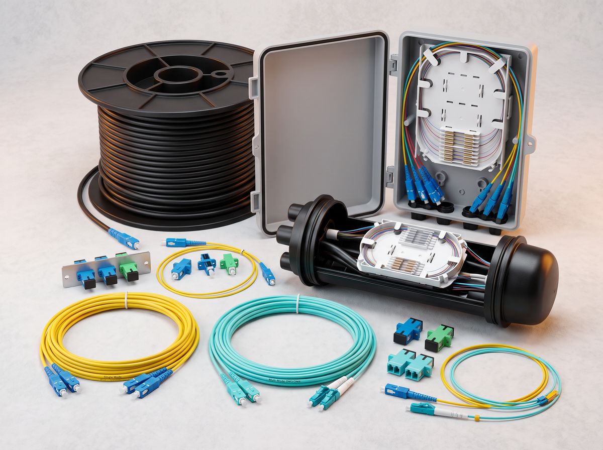 Fiber optic cable, patch cords, distribution box and splice closure