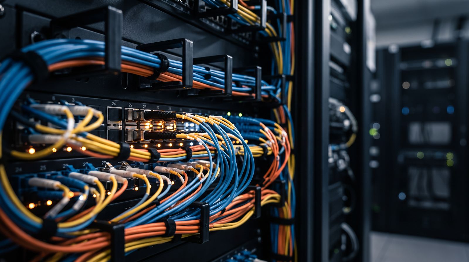 Fiber optic patch cords connected to a network distribution frame