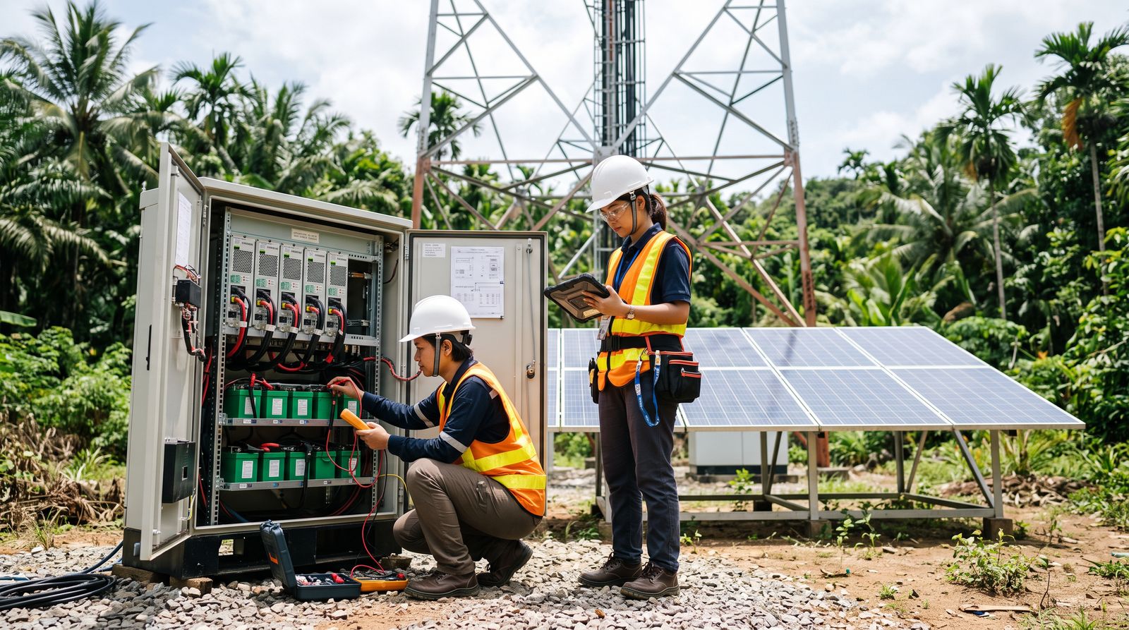 Two Tradox engineers in hard hats servicing a telecom power cabinet beside solar panels at a tower site